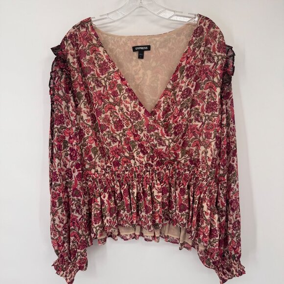 Express Floral Print Surplice Blouse  Smocked Waist  Ruffled Cuffs size XL - Picture 6 of 12